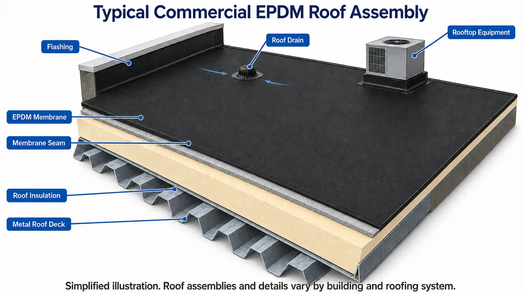 Commercial EPDM roofing assembly showing membrane, seam, flashing, insulation, metal deck, drain, and rooftop equipment components.