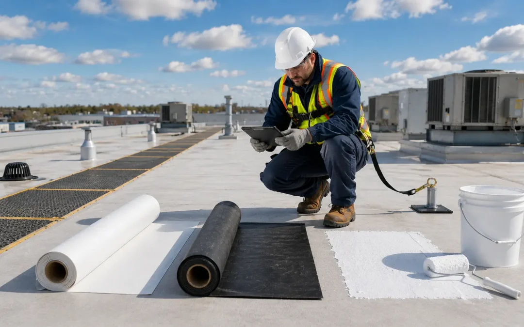 Commercial flat roofing professional comparing white TPO membrane, black EPDM roofing, and a white roof coating on a low-slope commercial roof.