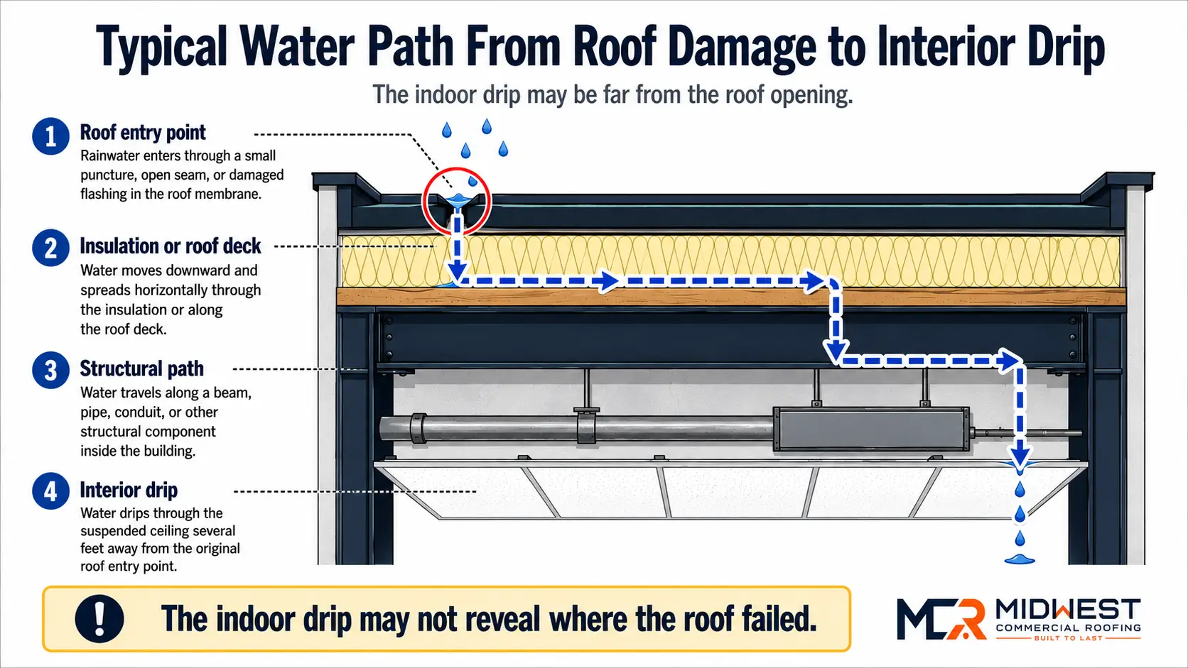 Commercial roof leak diagram showing water entering through roof damage, spreading through insulation, traveling along a structural beam, and dripping through the ceiling away from the entry point.