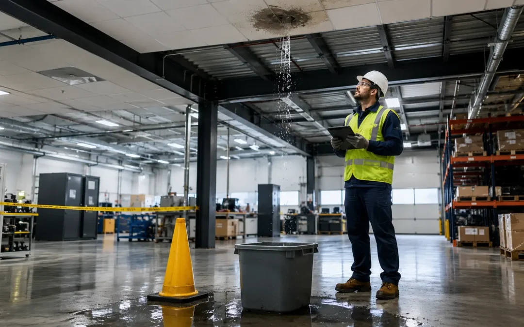 Commercial roofing technician inspecting an active ceiling leak in a warehouse while water is contained in a bin and the wet area is marked with a safety cone.