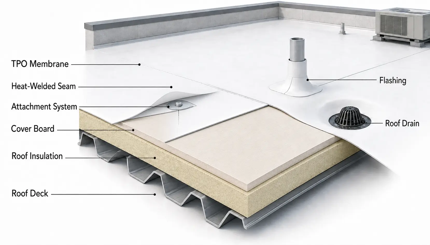Labeled TPO roofing assembly showing membrane, welded seam, attachment, flashing, cover board, insulation, deck, and drain.